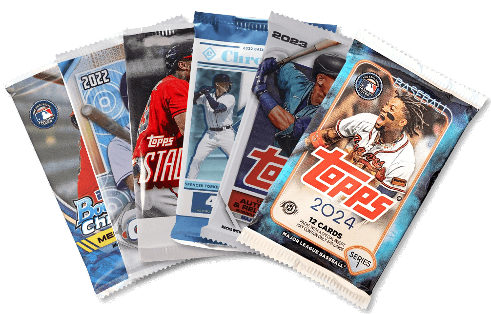 Array of trading card packs - Topps, Bowman, Panini, Donruss, and more!
